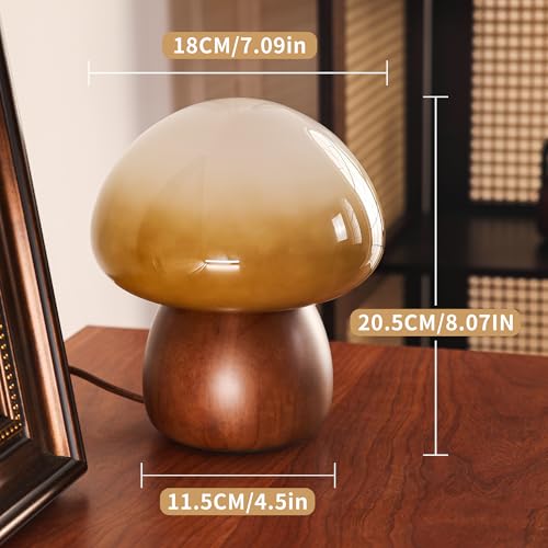 Wooden Base Small Table Lamp for Bedroom 60W Mushroom Table Lamps Gradient Colored Glass Shade Modern Side Table and Desk Lighting H 8.07 in