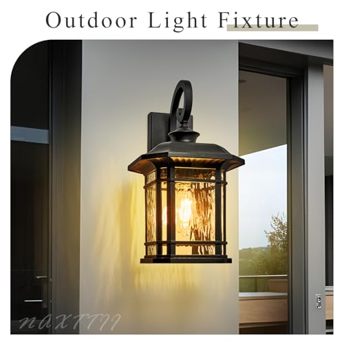 Outdoor Wall Lights Garage Outdoor Light Fixtures Waterproof Porch Light with Water Ripple Glass Black Finish E26 Socket Max 60W