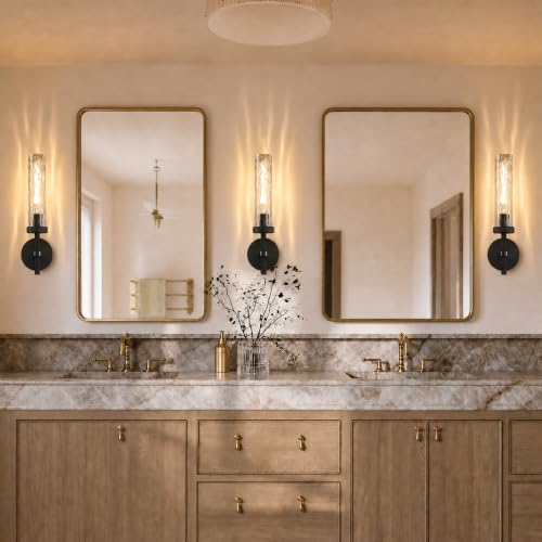 Bathroom Sconce Hardwired Black Sconce with Water Ripple Glass