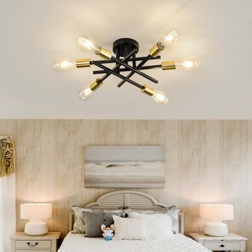6 Lights Sputnik Semi Flush Mount Ceiling Light Fixture Modern Metal Black and Gold Chandeliers with E26 Bulb Base Close to Ceiling Light for Kitchen Dining Room Living Room Hallway Bedroom