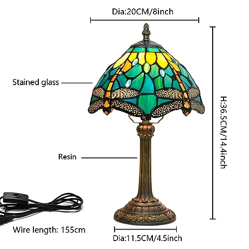 Tiffany Lamp Style Stained Glass Table Lamp Teal Dragonfly Green Bedroom Bedside Light for Office Dorm Bar Decor Retro Unique Cute fun Small Night Light Gift Aesthetic Accent Village Nightstand Lamps