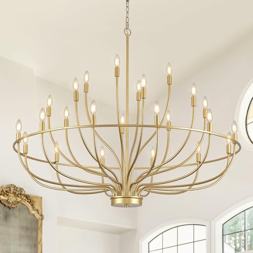 24 Light Gold Chandelier 51'' Large Candle Chandeliers for High Ceiling Foyer Brushed Brass Gold Chandelier Light Fixture for Large Living Room Dining Room Stairs Entry Restaurant Hotel