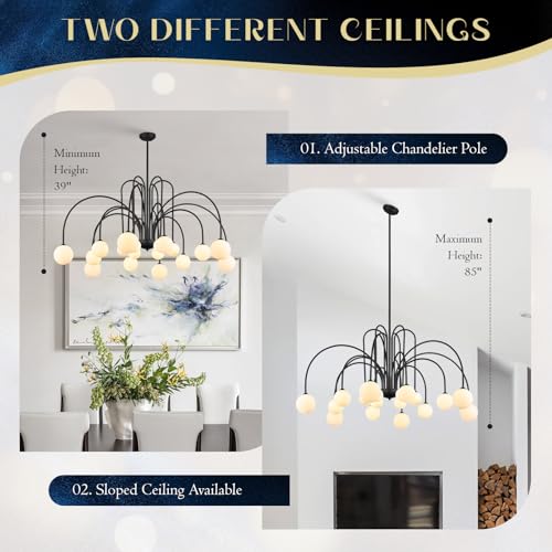 Black Sputnik Chandelier with Milk Glass Globe 18 Lights L59 Inch