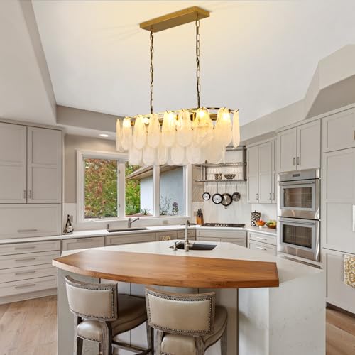 KELUOLY Gold Rectangle Chandeliers for Dining Room Modern Island Light Crystal Cloud Glass 8-Light Chandelier 2 Tier Rectangular Linear Pendant Hanging Ceiling Light Fixture for Kitchen L31.5” (E12)