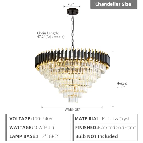 Modern Large Crystal Chandeliers Black and Gold 35" Round 7 Tiers 18 (19 Count)