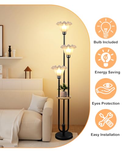Flower Floor Lamp for Living Room Dimmable Vintage Floor Lamp with Shelf & Bulbs Included Mid Century Black Floral Standing Tall Lamp for Bedroom (3 Count)