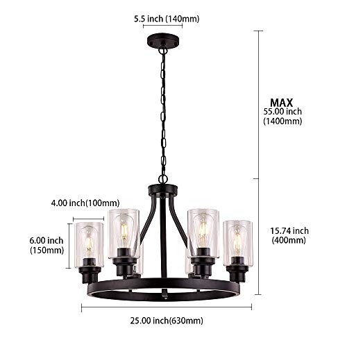 Wagon Wheel Chandelier Black Chandelier Lighting Round 6 Lights with Glass Shade Ceiling Hanging Vintage Rustic Light Fixture for Dining Room Living Room Foyer Porch Kitchen Island
