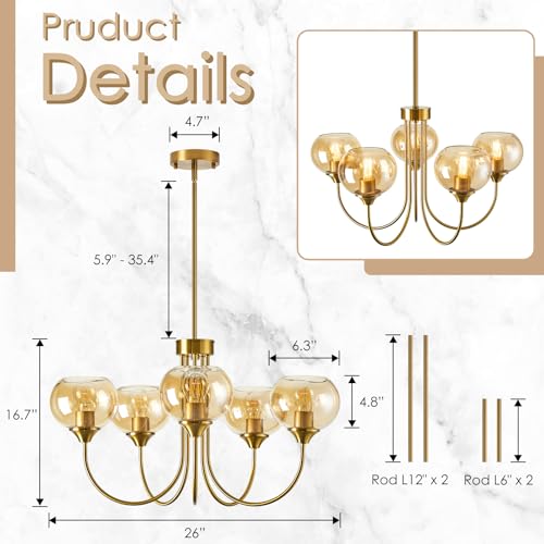 Mid Century Modern Globe Chandelier 5 Light Amber Glass Vintage Sputnik Chandeliers Gold Pendant Light Fixtures for Dining Room Kitchen Living Room Bedroom