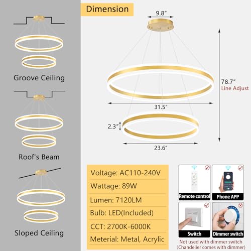 D23.6''+31.5'' Modern Ring Chandelier for Dining Room LED Dimmable Pendant Lighting High Ceiling Chandelier for Living Room Foyer Bedroom Entryway 3000K