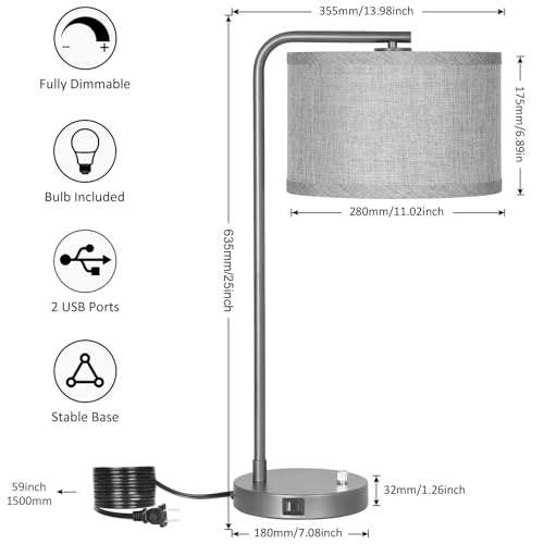 Gray Bedside Lamp with USB C+A Ports
