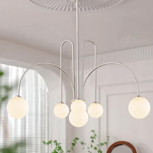Modern 40" 6 Light Nickel Sputnik Chandelier with Milk Glass Globe