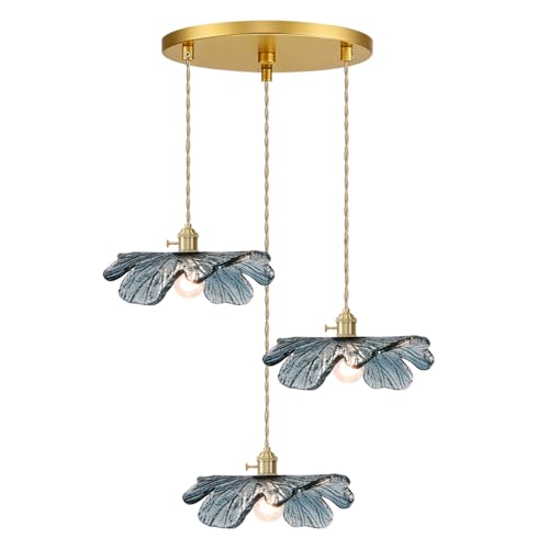 3 Cluster Chandelier Blue Glass Ceiling Pendant Light Fixtures Mid Century Adjustable Gold Brass Chandelier Lighting for Dining Room Living Room Kitchen