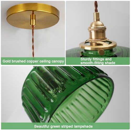 Single Glass Pendant Light Green Striped Glass Shade Brushed Brass Gold Pendant Lights Fixture Farmhouse 1