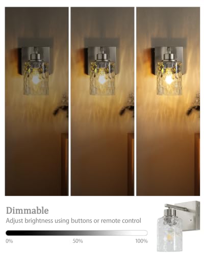 Hammered Glass Wireless Battery Operated Wall Sconces Set of Two Nickel