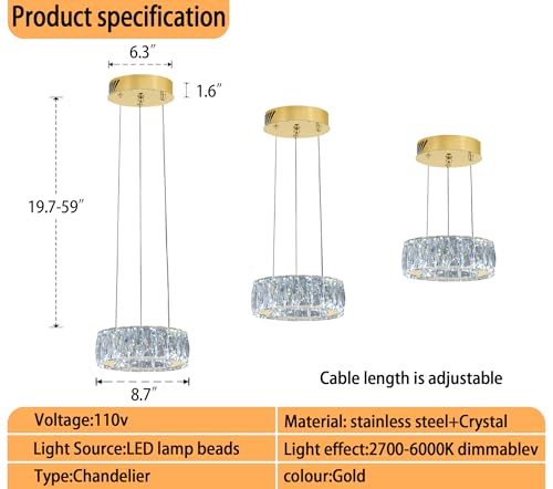 Modern LED Dimmable Crystal Chandelier 8" Ring Gold Pendant Light Fixtures for Kitchen Island Dining Room Living Room