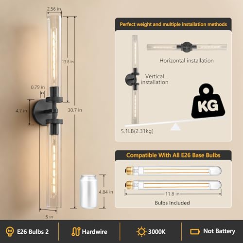 30 inch Wall Sconce Linear Glass Sconces Bathroom Sconces Black (2 Count)