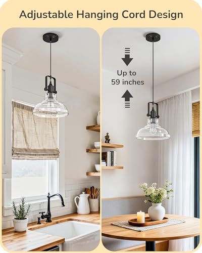 Pendant Light Kitchen Island Seeded Glass Shade Matte Black