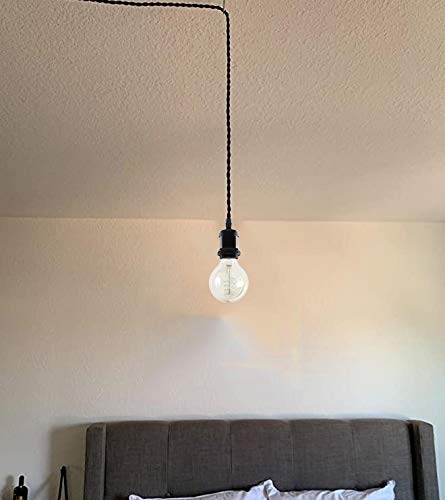 3 Pack 15 ft Plug in Black Twisted Wire Hanging Light Matte Black Base Dimmable Pendant Light Fixture Retro Vintage E26 Edison Socket Ceiling Light for Loft Corridor Dorm Bulb Not Included