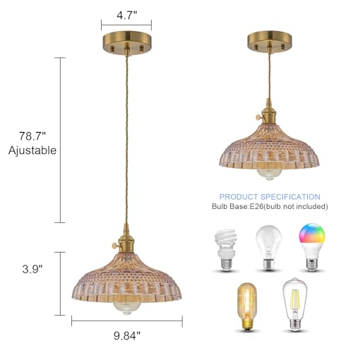 EDSILIVE Vintage Flower Glass Pendant Lights Kitchen Island 9.84" Antique Flower Amber Glass Hanging Ceiling Light Fixture with Adjustable Wire E26 Base for Dining Room Kitchen Table