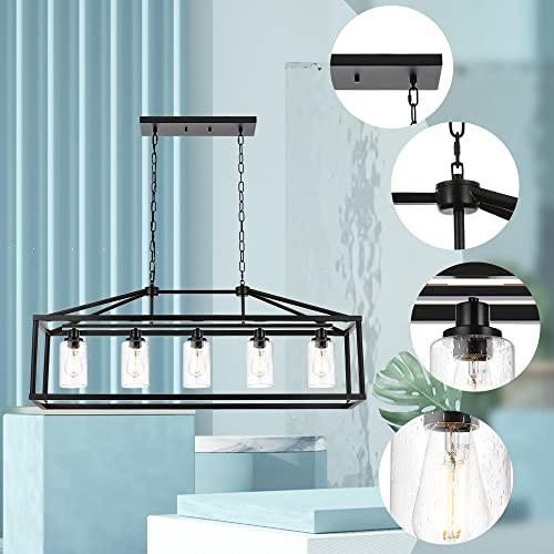 5 Light Farmhouse Chandelier Ceiling Hanging Dining Room Lighting Fixtures Matte Black Modern Pendant Lighting Industrial Rectangular Kitchen Island Chandelier Fixture with Seeded Glass Shade