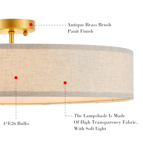 Gold Semi Flush Mount Ceiling Light Fixture 24" Large Modern Ceiling Light with Linen Fabric Drum Shade 5