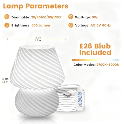 USB Plug in Mushroom Lamp Small Bedside Table Lamp with 3 Temperature LED Bulb