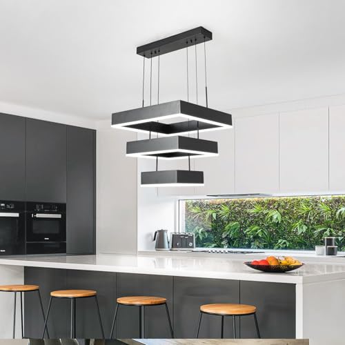 Modern Chandelier 58W LED Black Pendant Light Embedded Mount Square Rings LED Chandeliers Dining Room Light Fixtures for Kitchen Bedroom