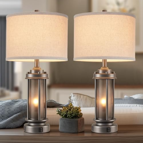 Set of 2 Farmhouse Bedroom Table Lamps with 2 USB C+A Ports (2 Count)
