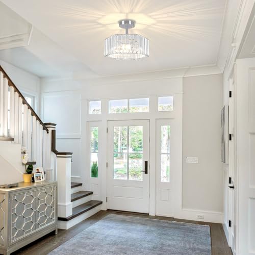 Chrome Crystal Semi Flush Ceiling Light Modern Entryway Light Fixture