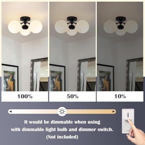 3 Light Mid Century Modern Black Semi Flush Mount Ceiling Light Milk Glass Globe Ceiling Lights Black Chandelier 3 Light Sputnik Ceilings Light Fixture for Bedroom Living Room Hallway Entryway