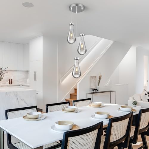 Raindrop Pendant Lights Kitchen Island Teardrop Chrome Hanging Light Fixtures Clear Solid Glass Pendant Light Modern Chandeliers for Dining Room Porch Corridor Living Room