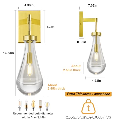 Raindrop Wall Sconces Gold Sconces Wall Decor Modern Wall Lighting Glass Bathroom Sconces Indoor Vanity Light Wall Lamp for Bedroom Living Room Stair