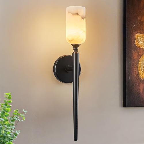 Natural Alabaster Wall Sconce Modern Black Wall Light Bathroom Sconce Wall Decor Antique Marble Sconces Wall Lighting for Bedroom Living Room Entryway Hallway Staircase