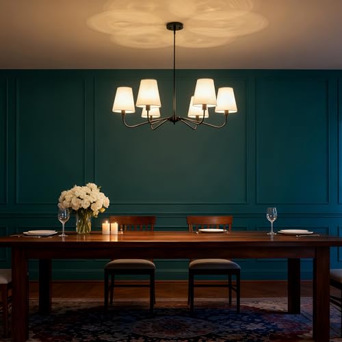 Black Farmhouse Chandeliers Over Table with White Fabric Shade