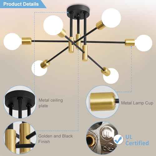 Modern Chandelier Ceiling Light Fixture, 6-Light Sputnik Dining Chandeliers 31.18"Gold&Black Chandelier Over Table, Mid Century Lights Fixture for Dining Room Living Room Kitchen Island(No Lampshade)