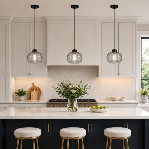 8.6" Black Grey Globe Seeded Glass Kitchen Island Pendant Light