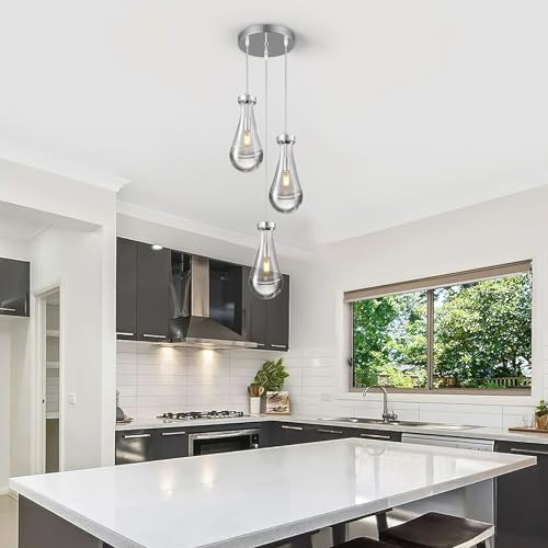 Raindrop Pendant Lights Kitchen Island Teardrop Chrome Hanging Light Fixtures Clear Solid Glass Pendant Light Modern Chandeliers for Dining Room Porch Corridor Living Room