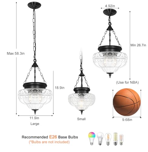 3 Light Matte Black Pendant Lights with 12In Floral Glass