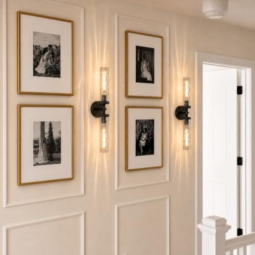Bathroom Sconce 24in Black Sconce with Water Ripple Glass