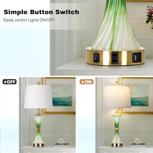 Green Glass Table Lamp Set of 2 with USB C+A Ports & AC Outlet (2 Count)