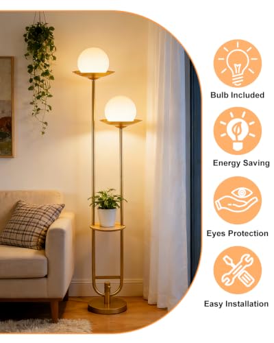 63IN Gold Floor Lamp 2 Globe Mid Century Standing Lamps Dimmable with 3000K Warm White LED Bulbs Unique Vintage Tall Floor Lamp for Living Room