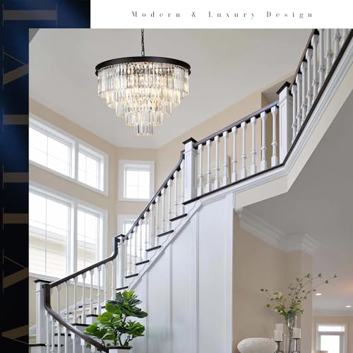 Large Crystal Chandelier Modern Black 30" Round Light Fixture Staircase