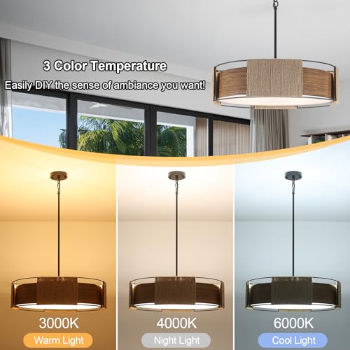 23.62'' Rattan Chandeliers Farmhouse Drum Chandelier for Dining Room