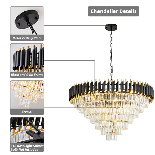 Modern Large Crystal Chandeliers Black and Gold 35" Round 7 Tiers 18 (19 Count)