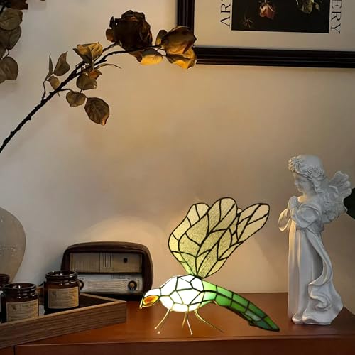Tiffany Table Lamp Green Dragonfly Stained Glass Bedside Nightstand Night Light