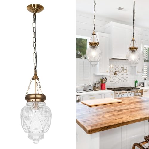 Vintage Brushed Gold Pendant Light with Clear Heavy Thick Glass