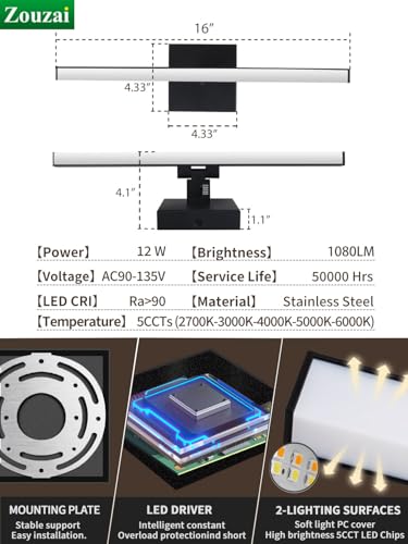 16 inch Black Modern LED Bathroom Vanity Light Bar