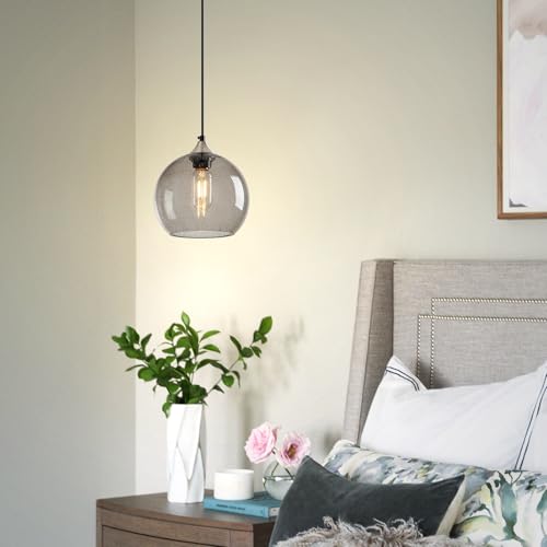 Light Grey Glass Pendant Lights Kitchen Island Lighting Globe Pendant Light Fixtures Modern Pendant Lighting for Bedroom Living Dining Room Light Fixture