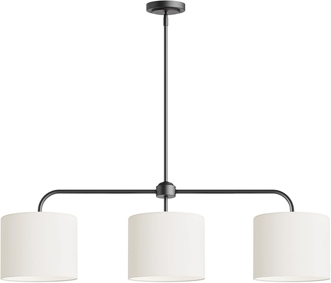 Electro bp;40" W 3-Light White Linen Drum Shade Chandelier with Black Metal Linear Pendant Light Fixture for Kitchen Island,Dining Table,E26,180W;