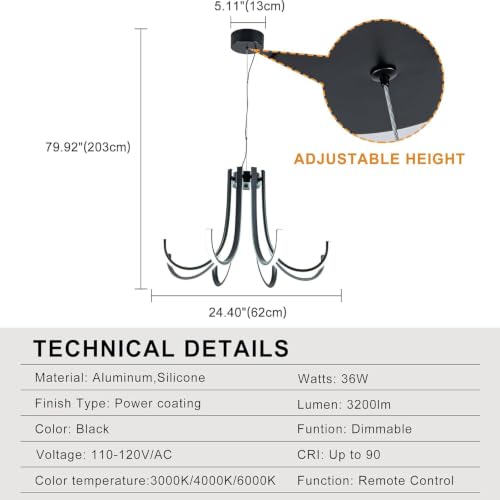 24.4 Inch Black Dimmable Modern LED Chandelier with Remote Control